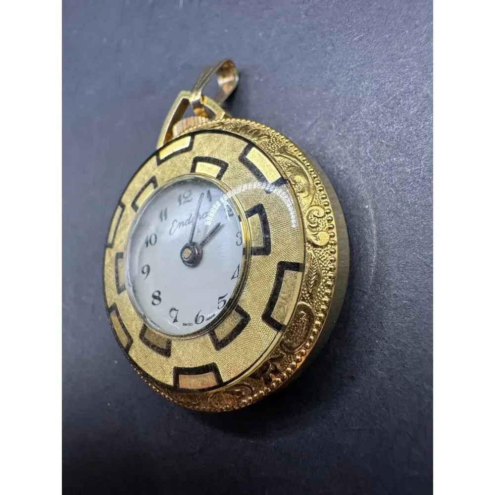 Vintage Endura Pendant Pocket Watch With Black Accent Swiss Made White Dial